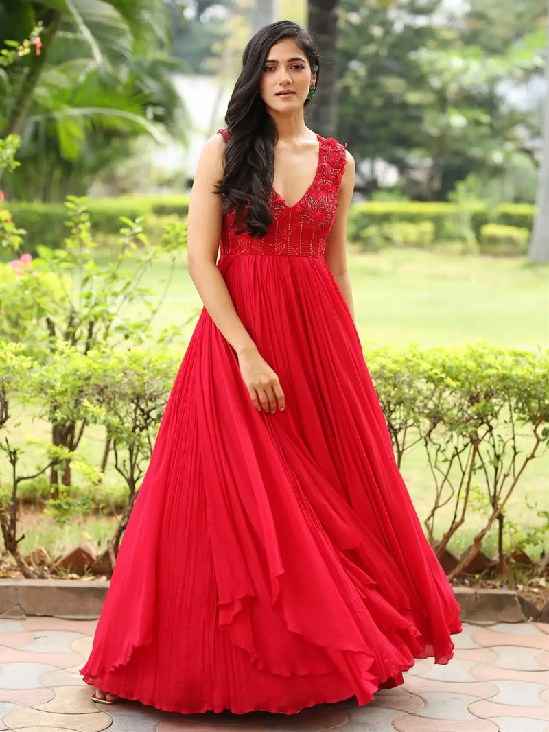 Telugu Actress Simran Choudhary in Red Dress at Atharva Movie Press Meet